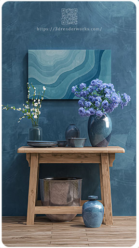 3D sahne kompozisyonunda yüzey çeşitliliği ve doğal ışık kullanımı.